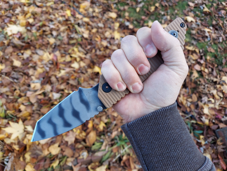 Strider GB is a huge knife with jimping on the back of the handle and a large choil for more control.