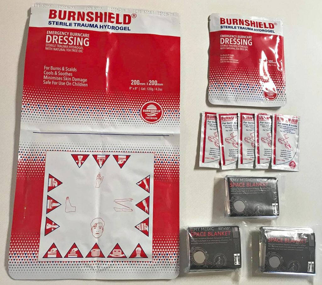 MyMedic MyFAK Large Burn shield for first aid treatment of burns and space blankets to prevent hypothermia.