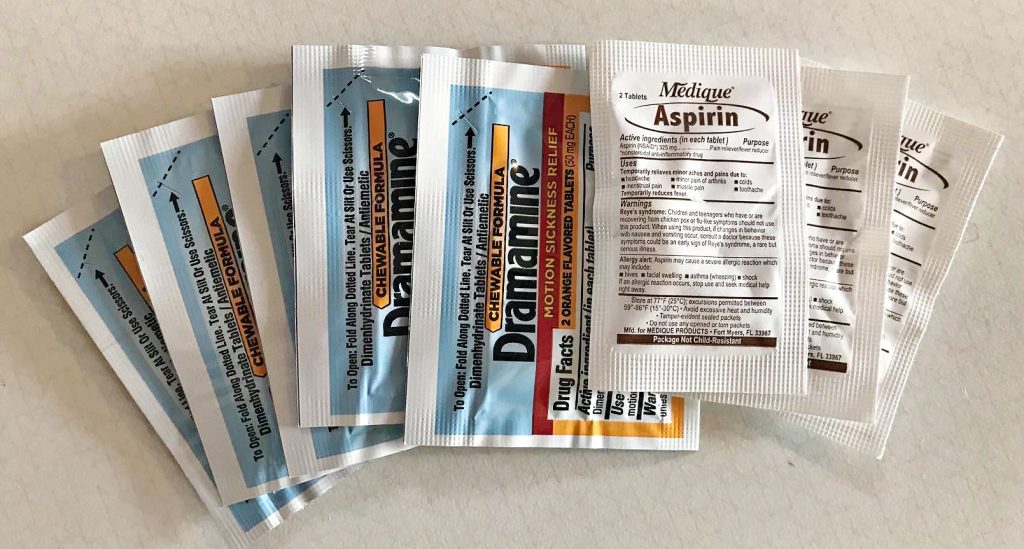 MyMedic MyFAK large, otc medications, Dramamine and Aspirin.